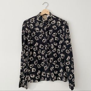 Vintage Mirrors of Krizia Black Beige Silk Blouse with Rose Floral Print M